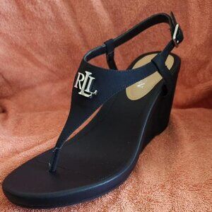 Lauren by Ralph Lauren Black Faux Leather Buckle Sandals Sz 7.5M Style Jeannie